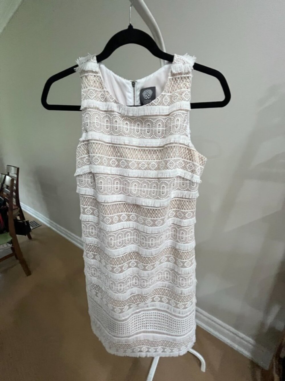 Vince Camuto White Tiered Fringe Geometric Lace Sheath Dress